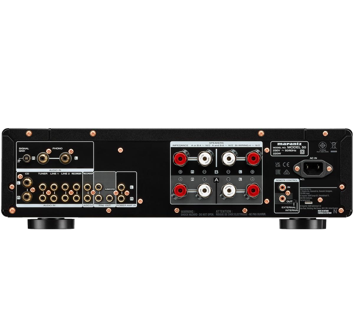 Marantz MODEL 50 stereo amplifier with black back panel and input/output ports, showcasing high-quality audio equipment.