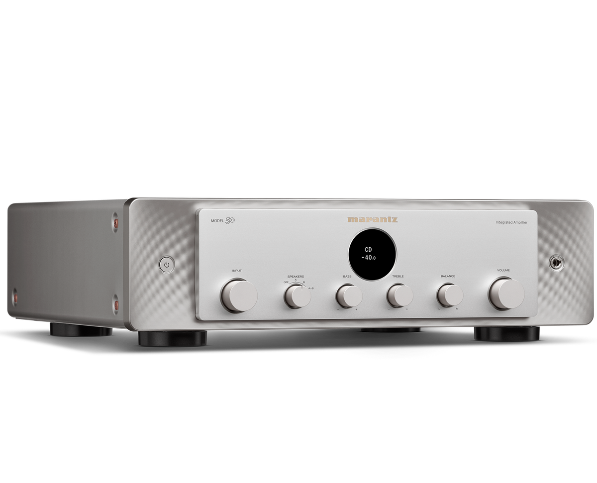 Marantz MODEL 50 stereo amplifier in silver, viewed from a studio angle facing right, showcasing its sleek design and controls.