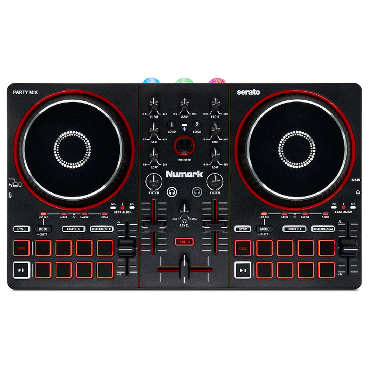 Numark Party Mix III, top-down view of the 2-deck layout and mixer section