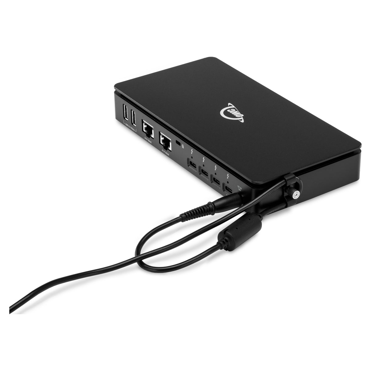 OWC Thunderbolt 5 Dual 10GbE Network Dock, rear three-quarter view with power cable clamp