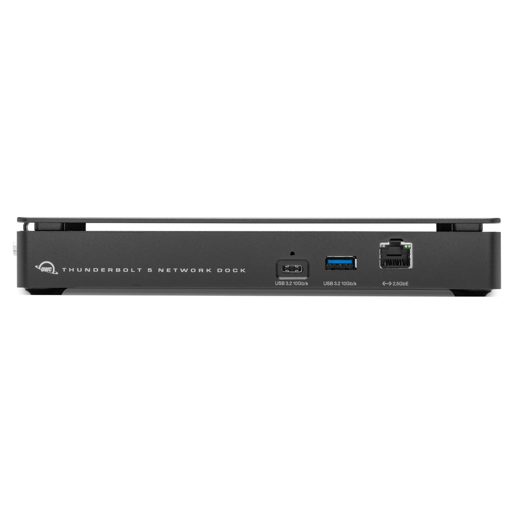 OWC Thunderbolt 5 Dual 10GbE Network Dock, front view with USB-C, USB-A and 2.5GbE ports