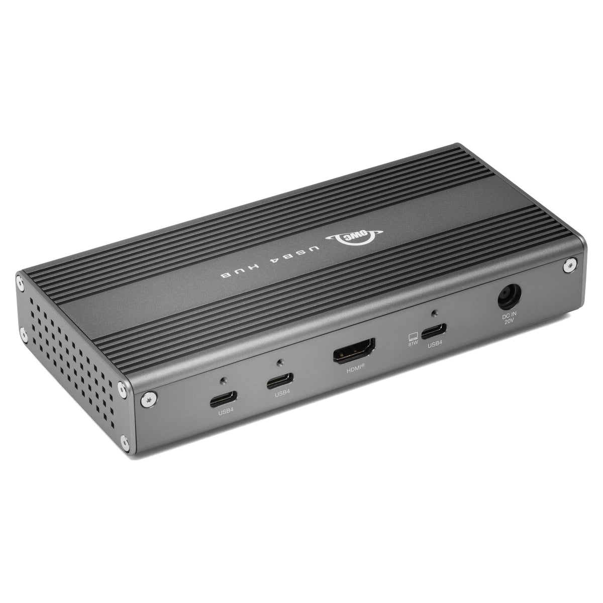 OWC USB4 Hub, rear three-quarter view with USB4, HDMI 2.1 and host ports