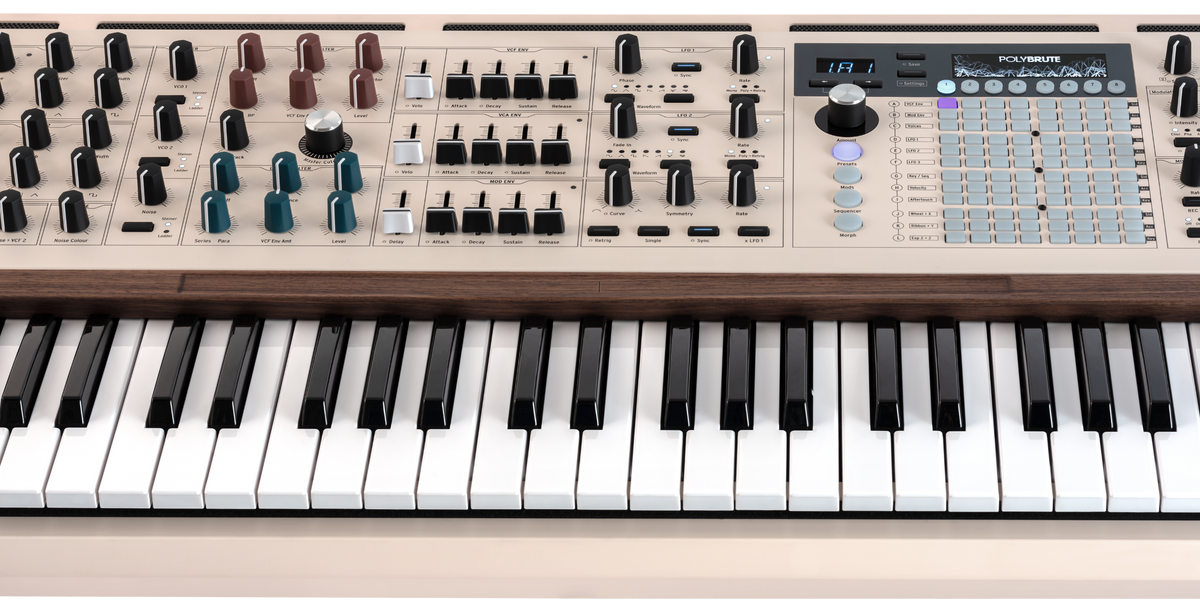 Front view of the Arturia PolyBrute 12 synthesizer showing its keyboard, control panel, and interface buttons.