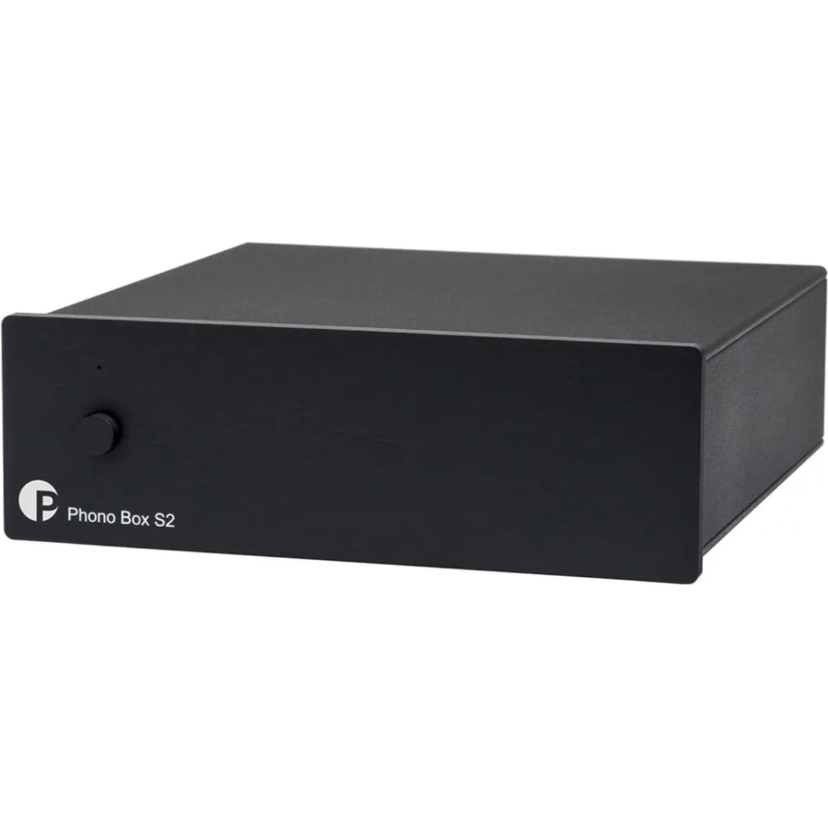 Pro-Ject Phono Box S2 phono preamp with sleek black design and control knobs, used for connecting turntables to audio systems.
