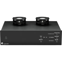 Pro-Ject Tube Box S3 B phono preamp with vacuum tubes, compact design, black finish, and connection ports visible in the image.