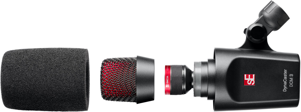 sE Electronics The DynaCaster DCM3 dynamic microphone with metal grille and black body, suitable for vocals and instruments.