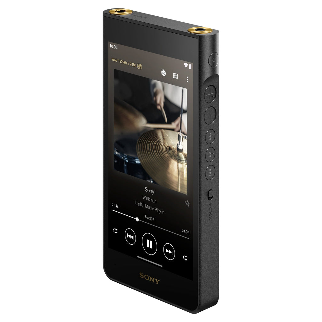 Sony NW-WM1AM3 Walkman, angled front view with playback screen
