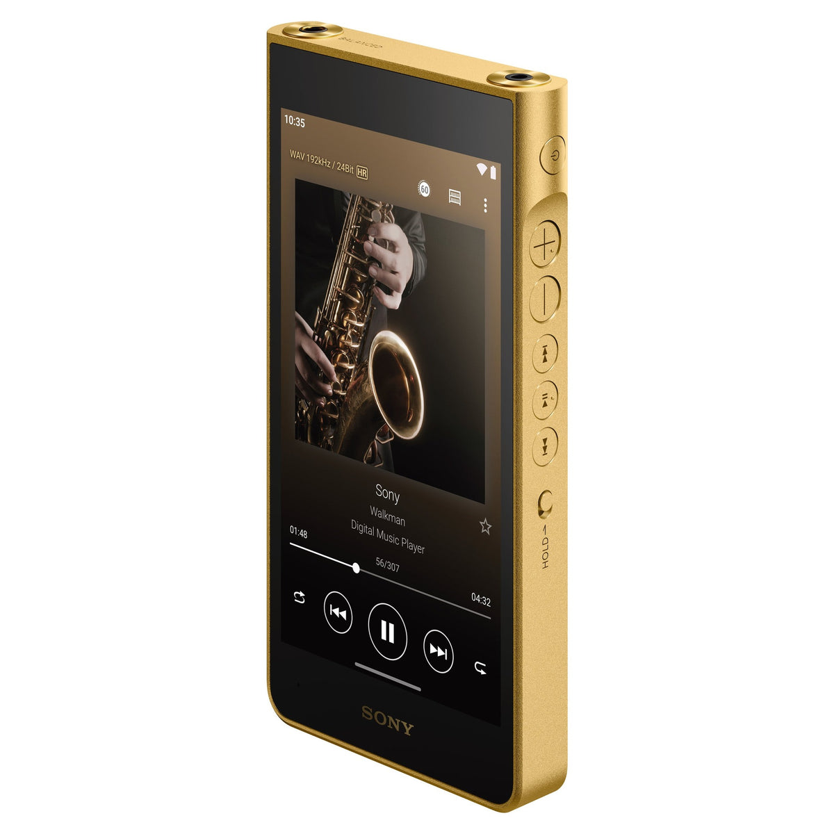 Sony NW-WM1ZM3 Walkman, angled front view with playback screen