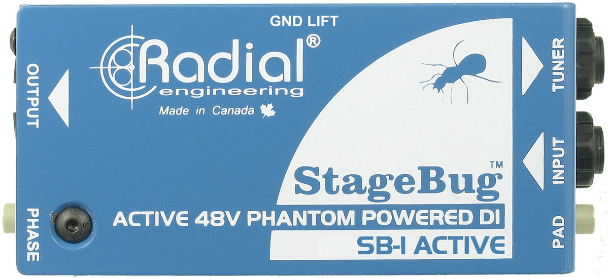 Top view of Radial Engineering StageBug SB-1 DI box showing input and output jacks and compact design.