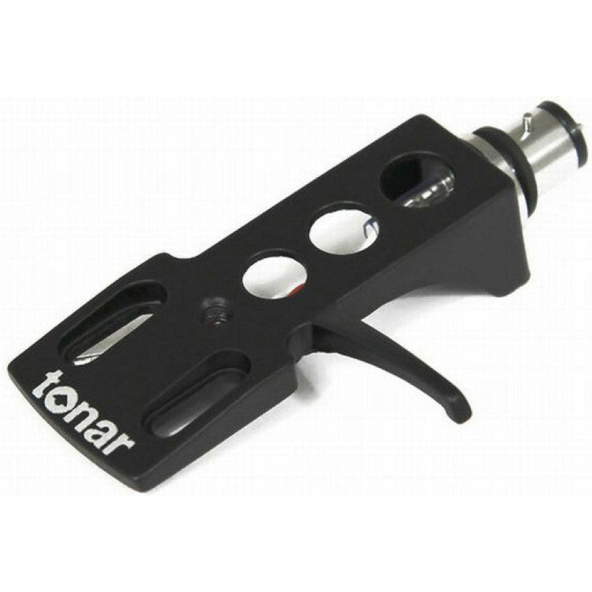 Black Tonar DJ Headshell for cartridges, shown with mounting and wiring details, ideal for turntable setup and DJ equipment.