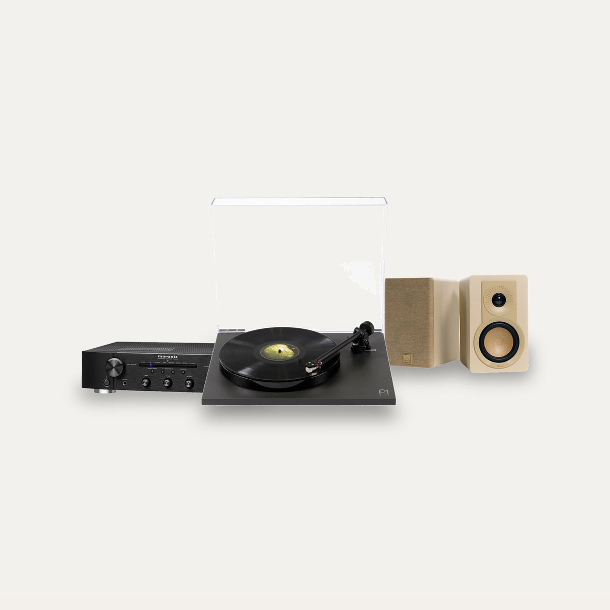 Rega Planar 1 Plus + Marantz PM6007 + Dali Kupid Vinyl Hi-Fi System – Turntable Finish Matte Black, Speaker Finish Caramel White