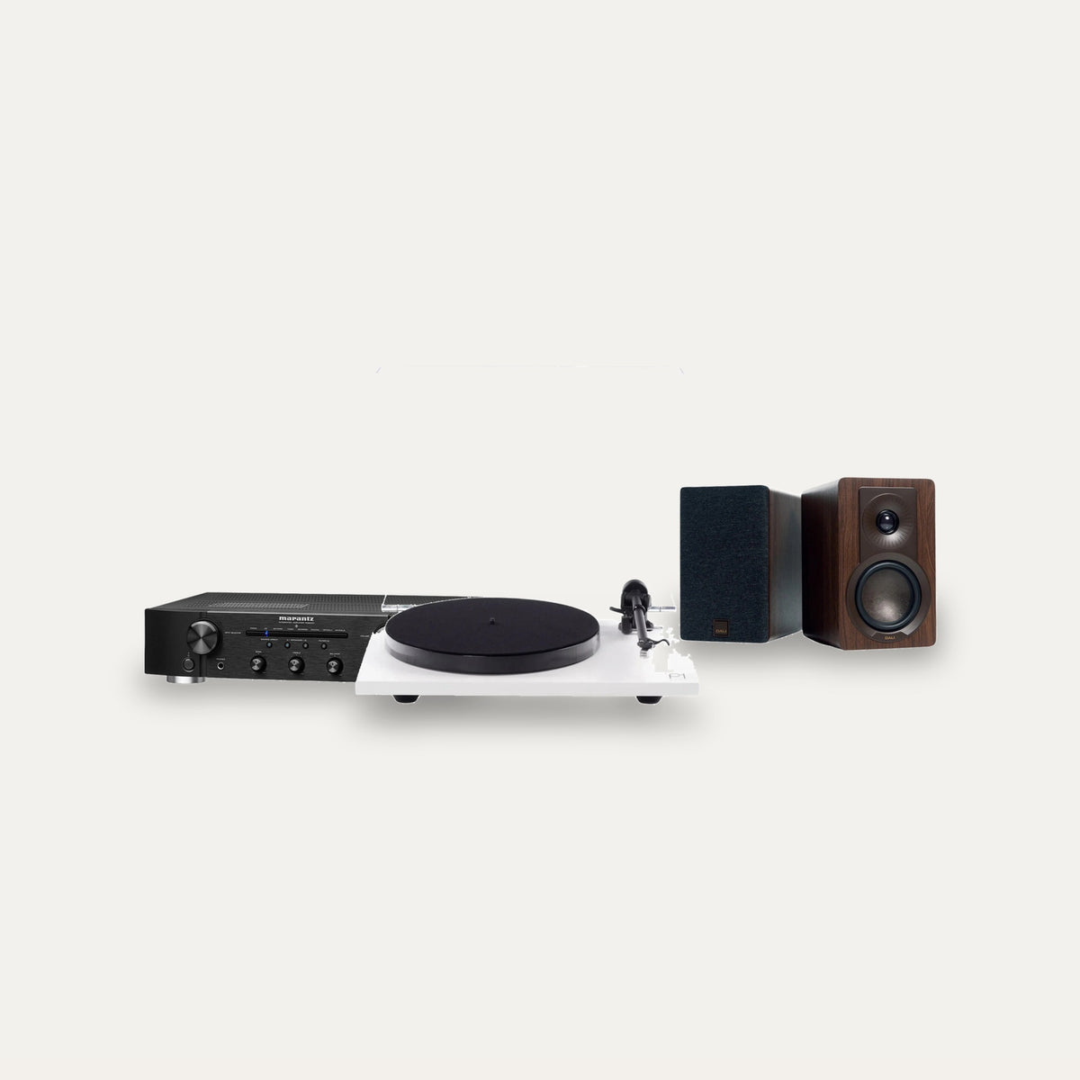 Rega Planar 1 Plus + Marantz PM6007 + Dali Kupid Vinyl Hi-Fi System – Turntable Finish Matte White, Speaker Finish Walnut