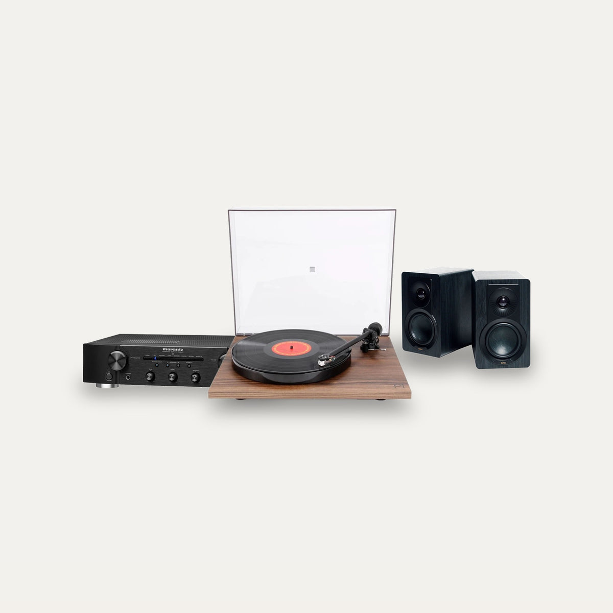 Rega Planar 1 Plus + Marantz PM6007 + Dali Kupid Vinyl Hi-Fi System – Turntable Finish Walnut, Speaker Finish Black Ash