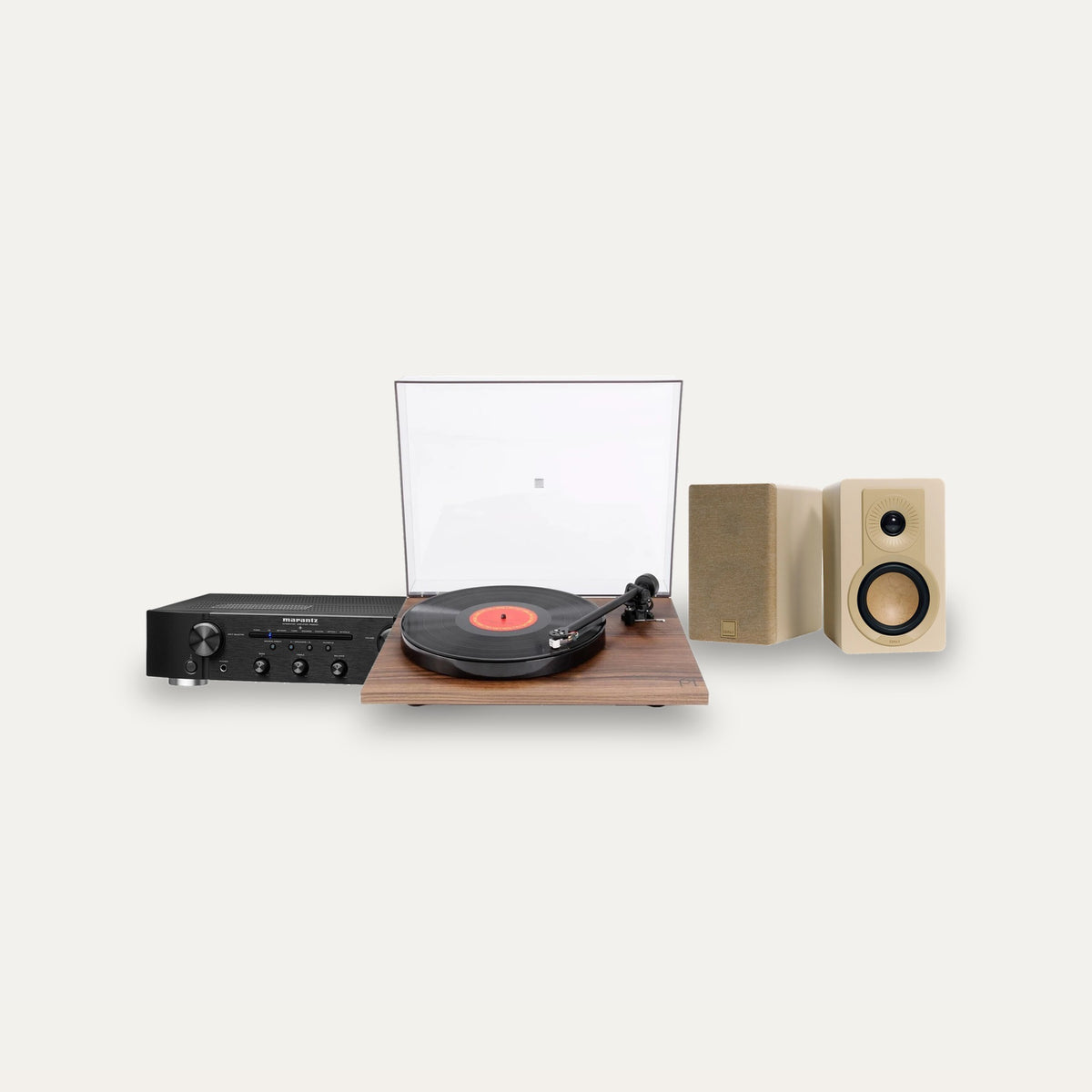Rega Planar 1 Plus + Marantz PM6007 + Dali Kupid Vinyl Hi-Fi System – Turntable Finish Walnut, Speaker Finish Caramel White