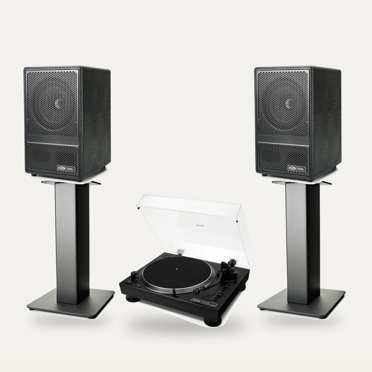 Vestlyd Vinyl Setup: Pro T1 turntable in Black with M8C Active speakers in Black on M-Stands