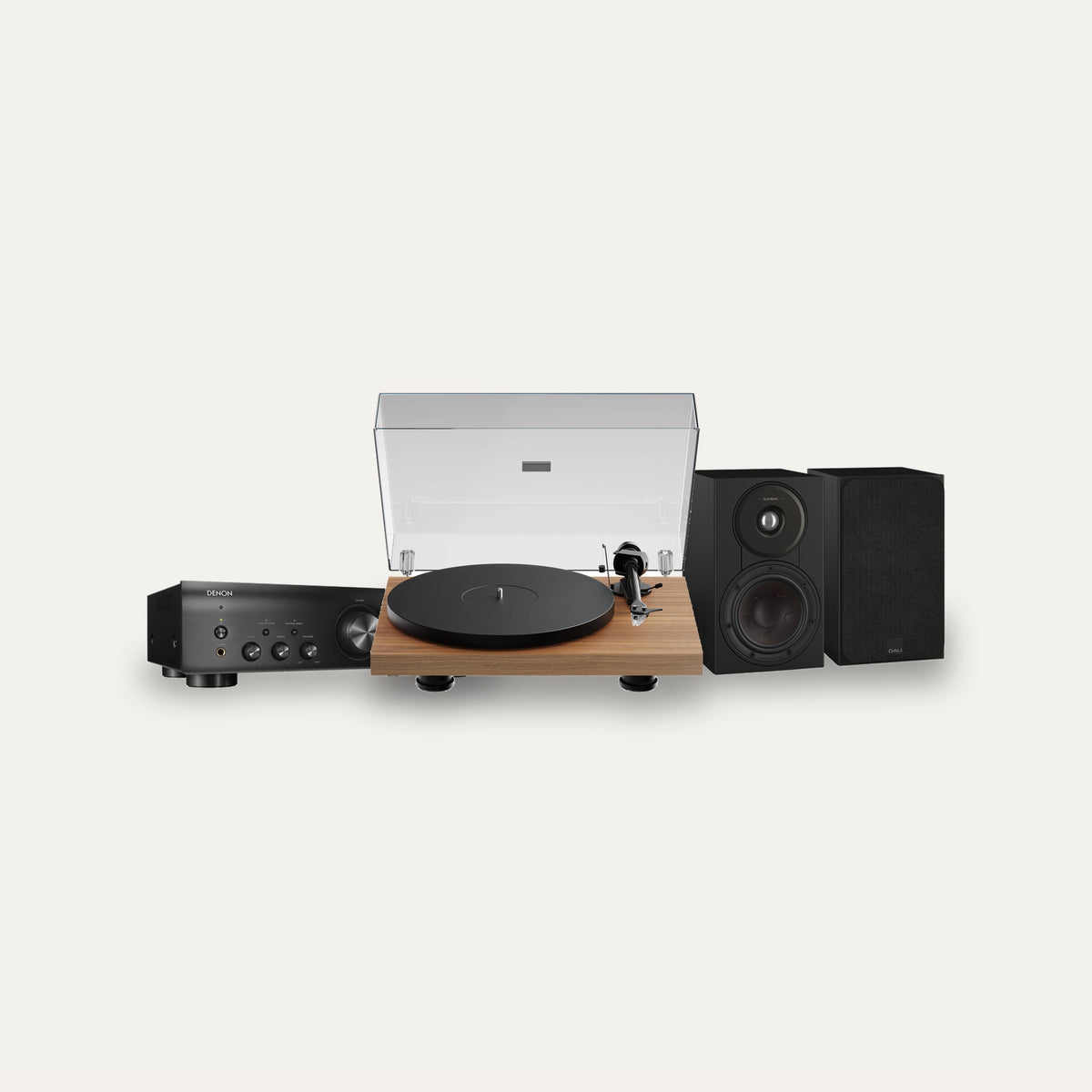 Pro-Ject Debut EVO 2 + Denon PMA-600NE + Dali Sonik 1 Vinyl Hi-Fi System – Turntable Finish Walnut, Speaker Finish Black Ash