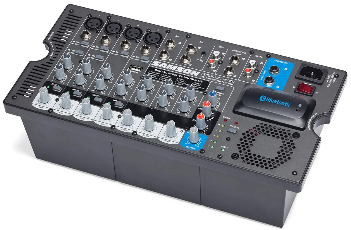 Samson Expedition XP1000 PA speaker system with mixer, angled view showing audio controls and speaker design.